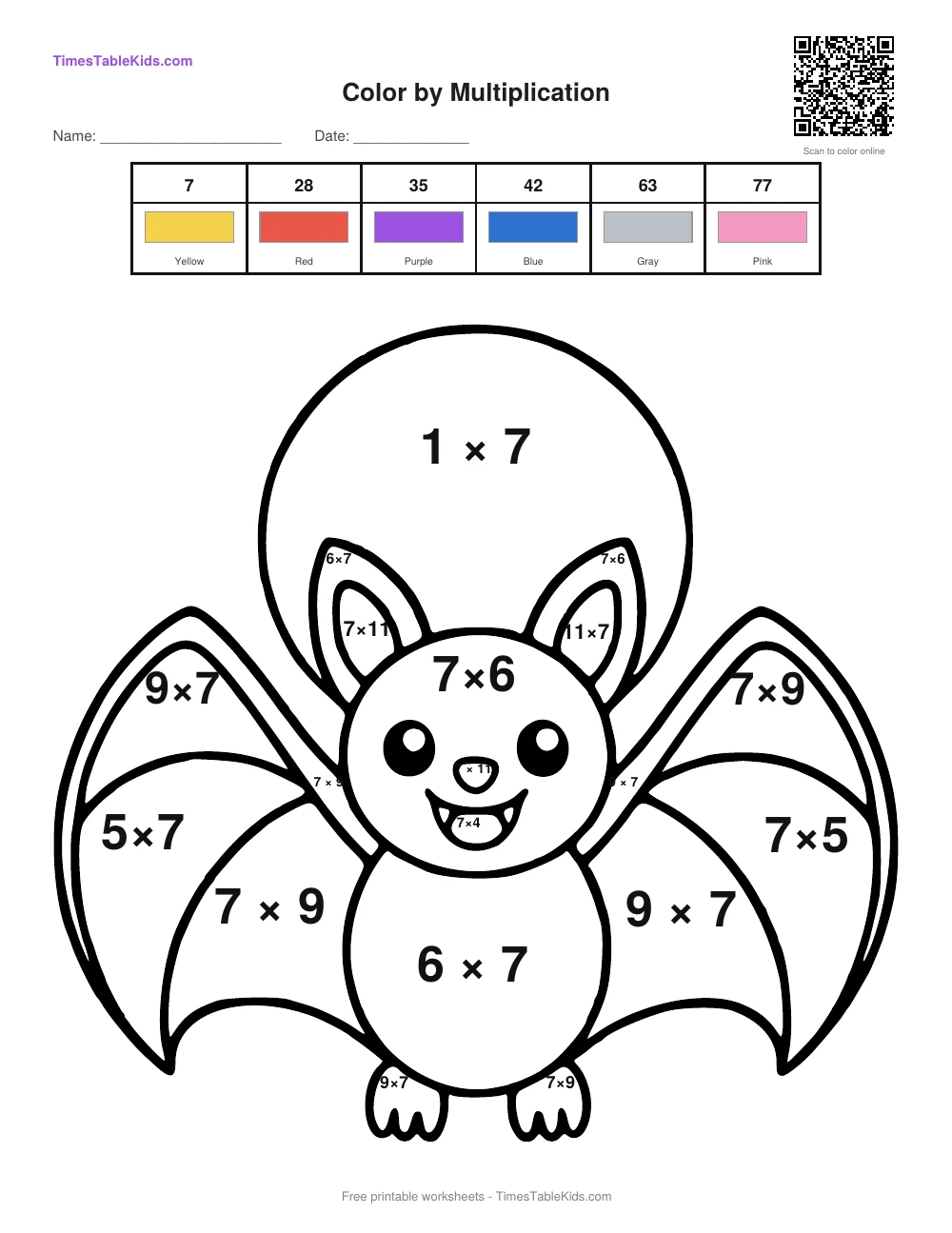 Free Halloween multiplication color by number worksheet — 7 times table (Bat), printable PDF with answer key