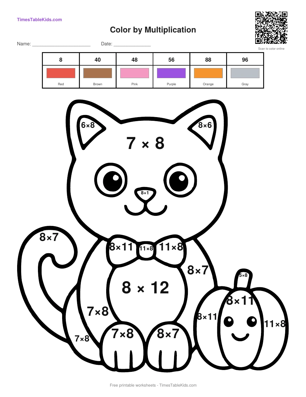 Free Halloween multiplication color by number worksheet — 8 times table (Black Cat), printable PDF with answer key