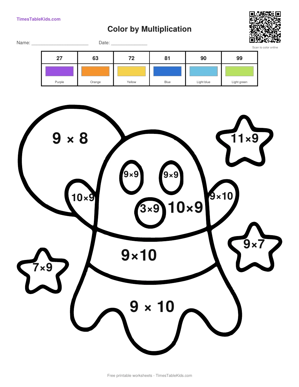 Free Halloween multiplication color by number worksheet — 9 times table (Ghost), printable PDF with answer key
