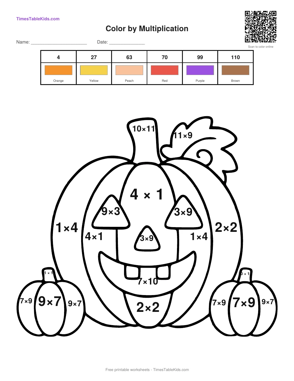 Free Halloween multiplication color by number worksheet — mixed times tables (Pumpkin), printable PDF with answer key