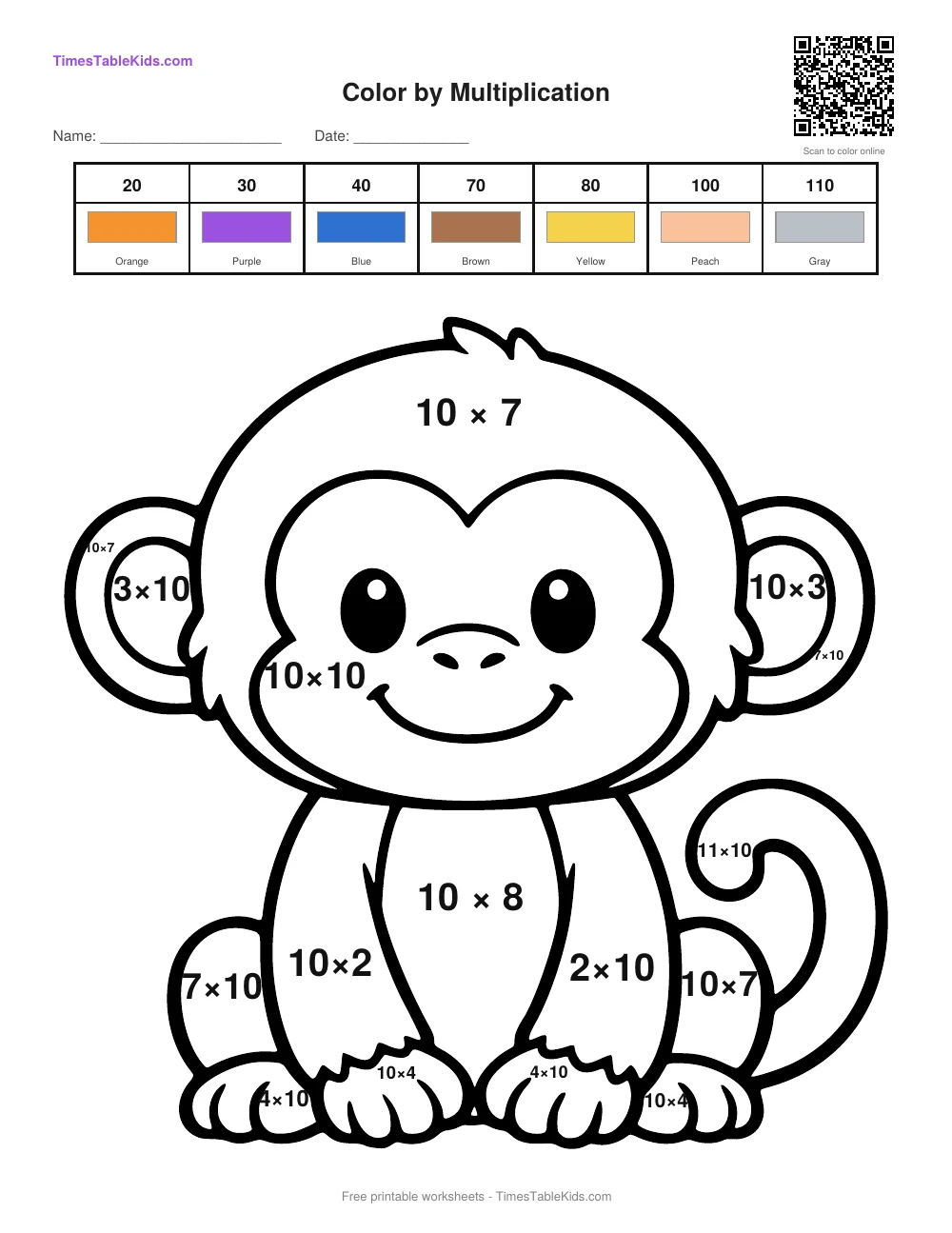 Free multiplication color by number worksheet — 10 times table (Monkey), printable PDF with answer key