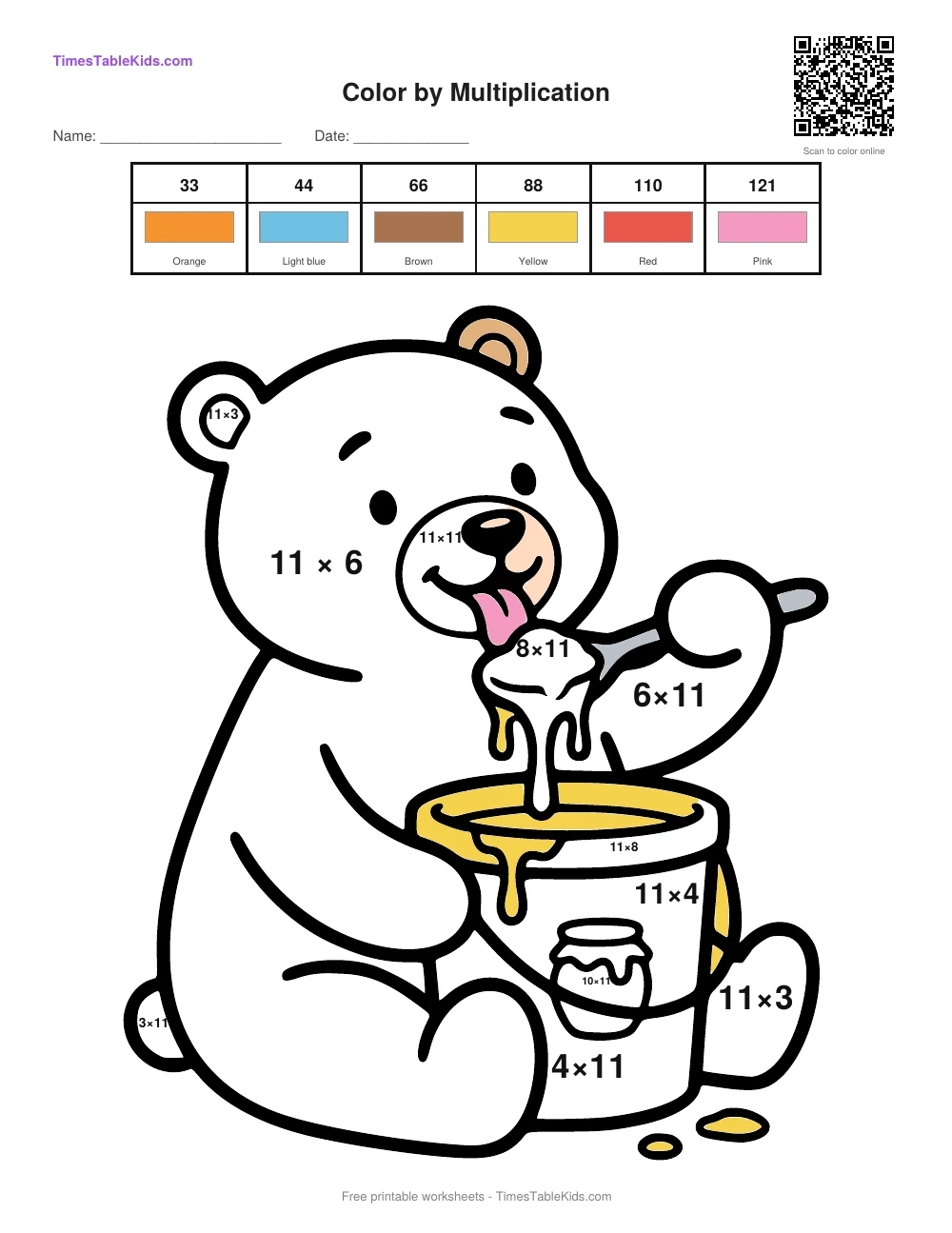 Free multiplication color by number worksheet — 11 times table (Bear and honey), printable PDF with answer key