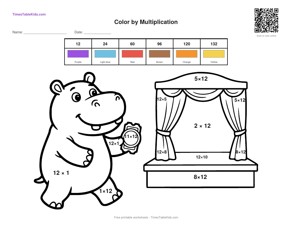 Free multiplication color by number worksheet — 12 times table (Hippo), printable PDF with answer key