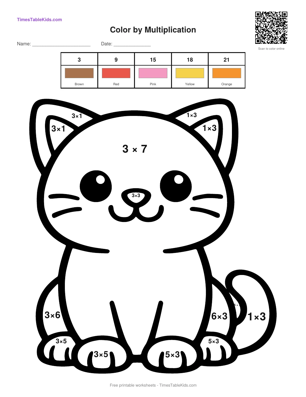 Free multiplication color by number worksheet — 3 times table (Cat), printable PDF with answer key