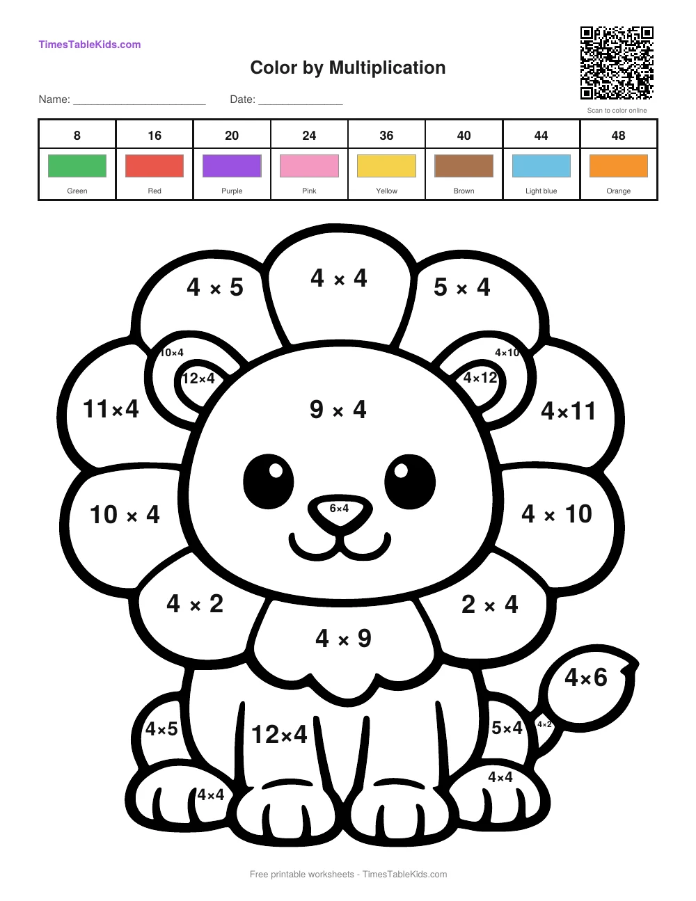 Free multiplication color by number worksheet — 4 times table (Lion), printable PDF with answer key