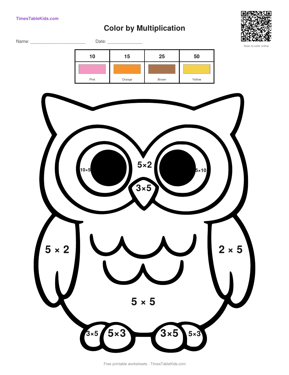 Free multiplication color by number worksheet — 5 times table (Owl), printable PDF with answer key