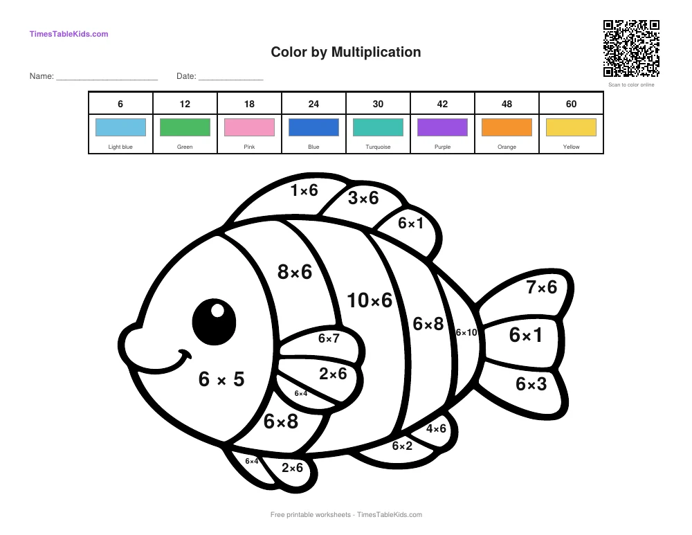 Free multiplication color by number worksheet — 6 times table (Fish), printable PDF with answer key
