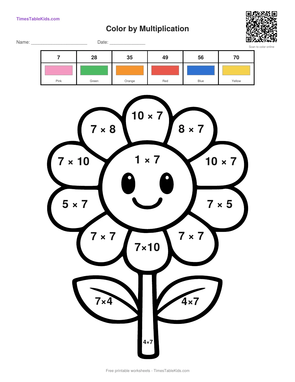 Free multiplication color by number worksheet — 7 times table (Flower), printable PDF with answer key