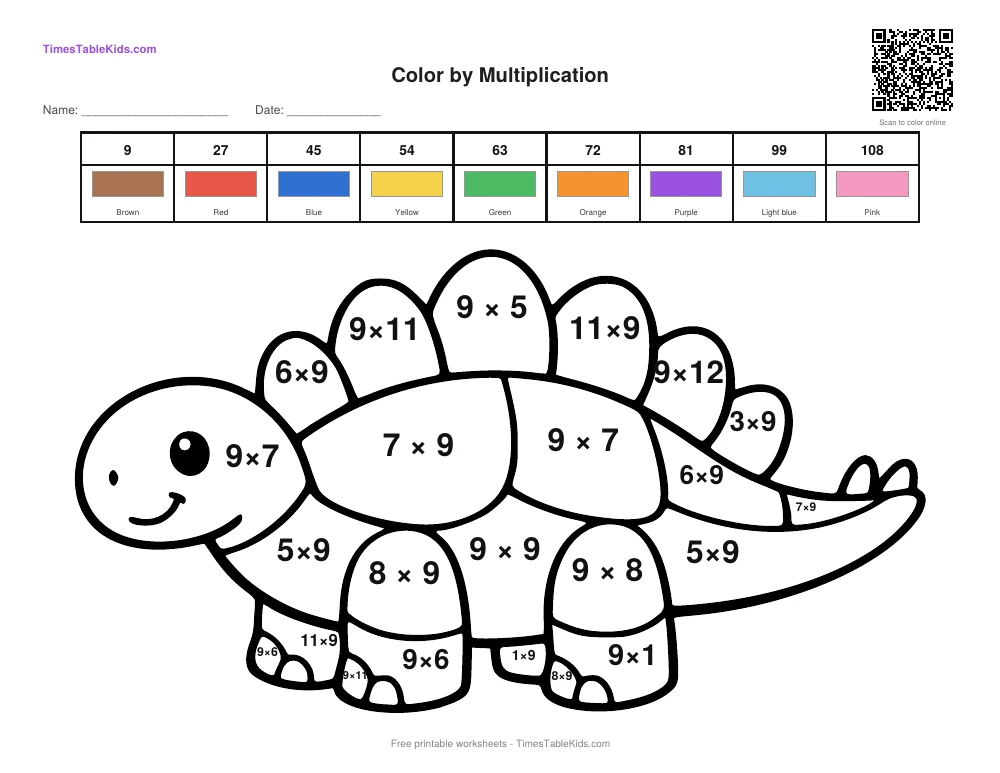 Free multiplication color by number worksheet — 9 times table (Dinosaur), printable PDF with answer key